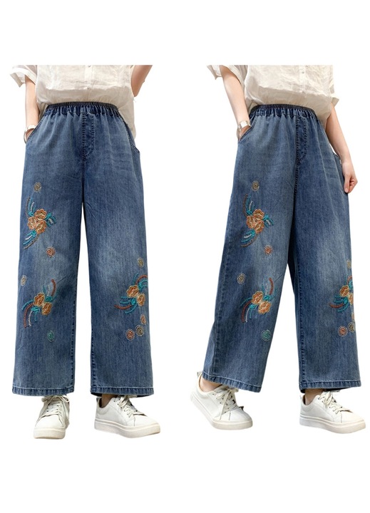 Blugi dama, stil etnic, brodati, talie elastica, picior larg, poliester, L INTL