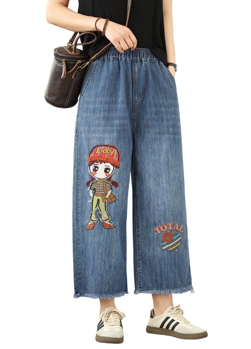 Blugi dama, etnici, brodati, talie elastica, largi, poliester