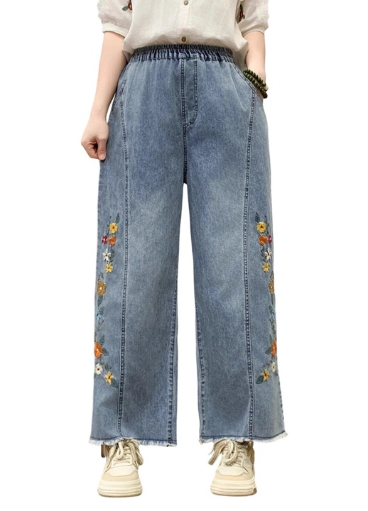 Blugi dama, etnici, brodati, talie elastica, croiala larga, stil uzat