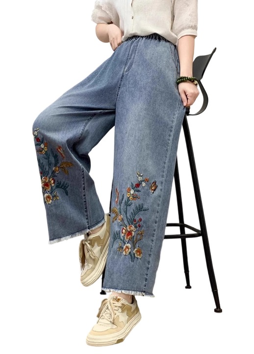 Blugi dama, brodati, talie elastica, croiala larga, vintage uzat, poliester