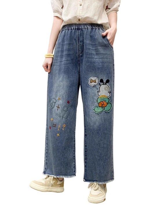 Blugi dama, stil etnic, poliester, picior larg, albastru prespalat