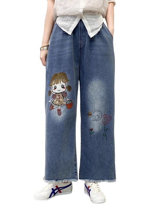 Blugi dama, stil etnic, brodati, talie elastica, picior larg