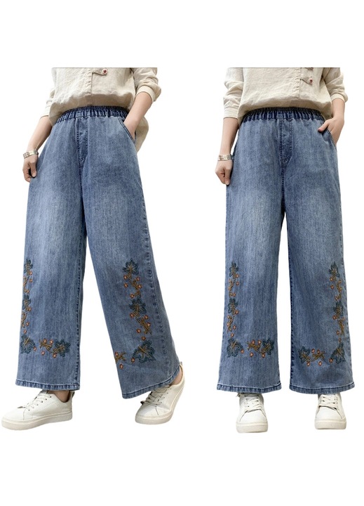 Blugi dama, croi scurt, talie elastica, picior larg, albastru, material poliester