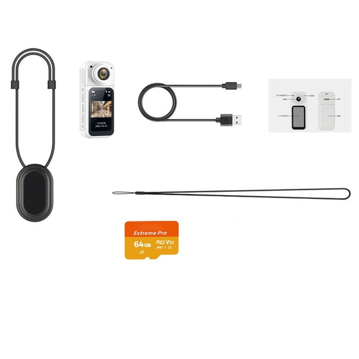 Camera sport, 64 GB, 2, 7K, Wi-Fi, ecran IPS HD de 1, 47 inci, obiectiv rotativ la 180°, baterie de 350 mAh, potrivita pentru sporturi in aer liber, autonomie indelungata, portabila, alb