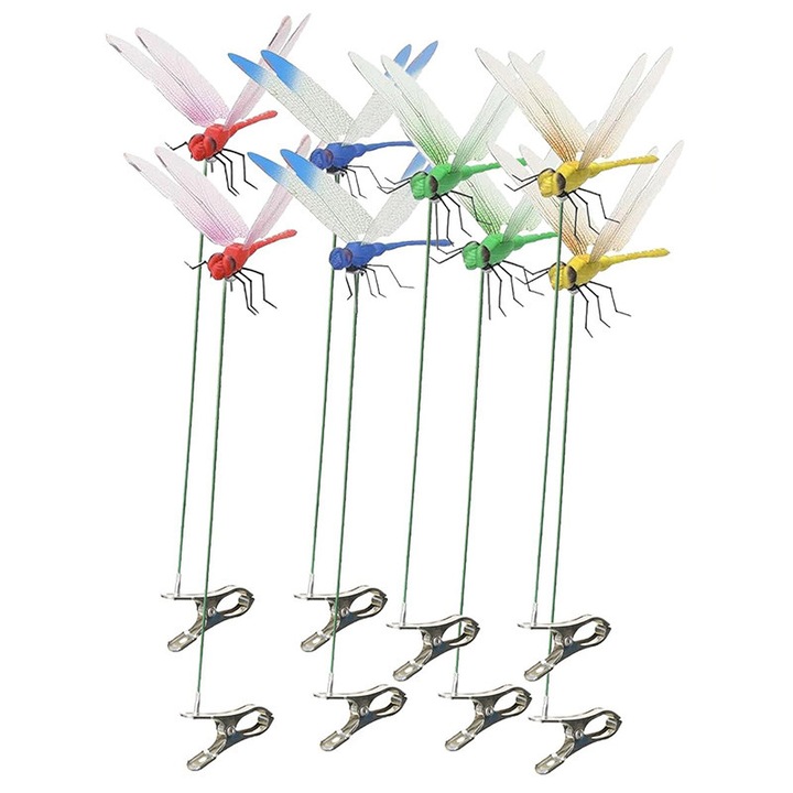 Cleme libelule, etichete decorative 3D pentru gradina cu libelule, libelule simulate din plastic pentru interior si exterior (pachet mixt - 8 bucati), 25cm
