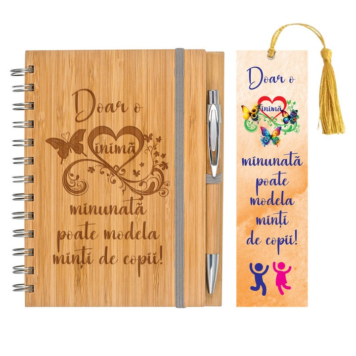 Agenda A5 nedatata, Educatoare, Invatatoare, Profesoare, 140 pagini dictando, Bambus, pix inclus si semn de carte