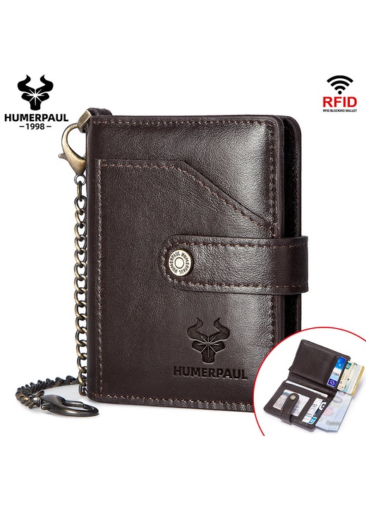 HUMERPAUL, Мъжки кожен портфейл, с RFID защита против кражба, с верижка за закачане на колана и защита против изгубване, Coffee