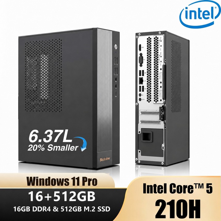 Mini PC Blackview NEX60 cu procesor Intel® Core™ 5 210H, 16GB DDR4+512GB M.2 SSD+4TB, Intel® UHD Graphics for 13th Gen Intel® Processors,4.8GHz,8 Cores,12 Threads, BT 5.2, WiFi 6,4K,6.37L, Windows 11 Pro, Gazda desktop
