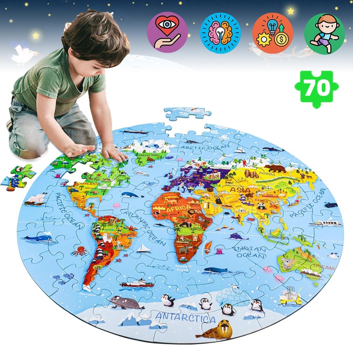 Puzzle cu harta a lumii, Bedee, 70 de bucati, 22, 8*22, 8 inch, ingrosate si intarite, fara rani la maini, incorporeaza repere, peisaje naturale, cultura populara, animale si delicatese unice, activitate educationala distractiva, cutie rafinata
