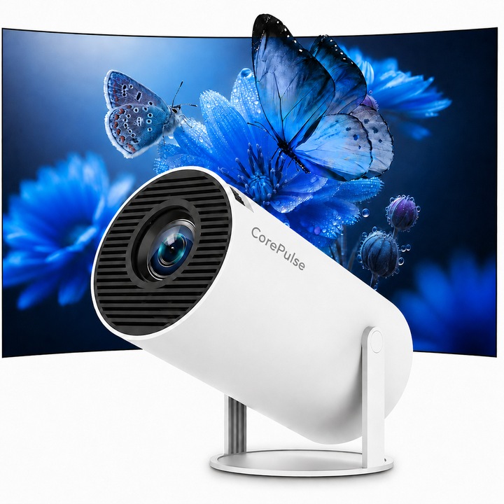 Преносим видеопроектор 6000 лумена, с Android 12, Wi-Fi 6, BT 5.0, резолюция 1280x720p HD, поддръжка на 4K, HDMI, USB и Mirroring Android/IOS връзка, бял