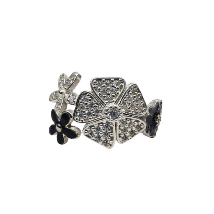 Inel pentru Dama Argint 925, Jolie, Model Trifoi cu Email Negru, Marimea Argintiu/Negru 131799