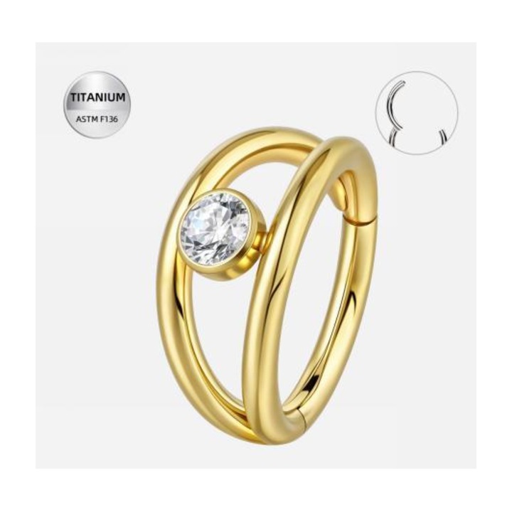 Piercing ureche titan ASTM F136 placat aur, inel cu zirconiu stralucitor