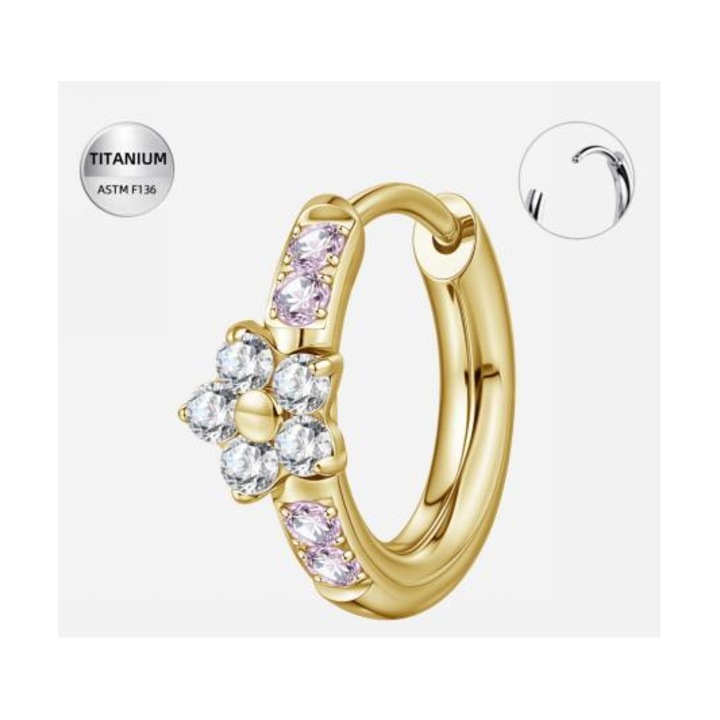 Piercing tip inel din Titan ASTM F136 placat cu aur, cu floare din cristale