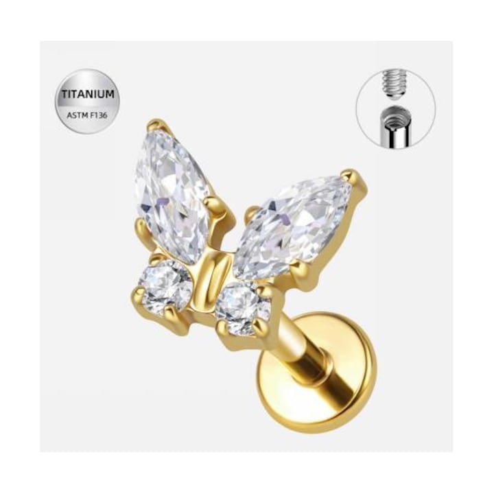 Piercing ureche din titan ASTM F136 placat auriu cu cristale zirconia – model fluture, 1.2x6mm, Funny Party Team®