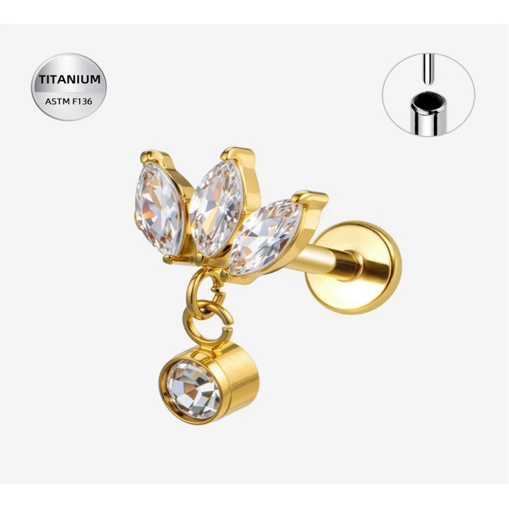 Piercing ureche din titan ASTM F136 placat auriu cu cristale zirconia si pandantiv