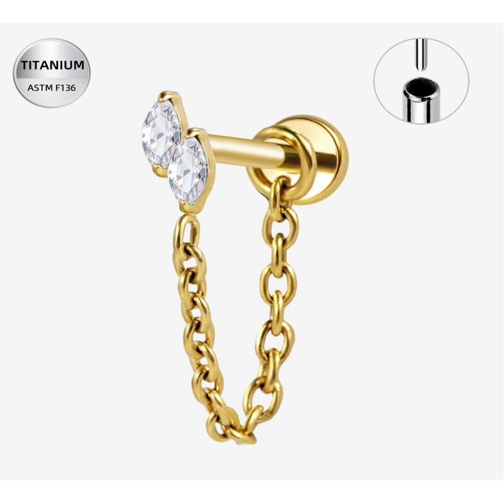 Piercing labret din Titan ASTM F136 auriu cu lant dublu si cristale, 1.2x8mm, Funny Party Team®