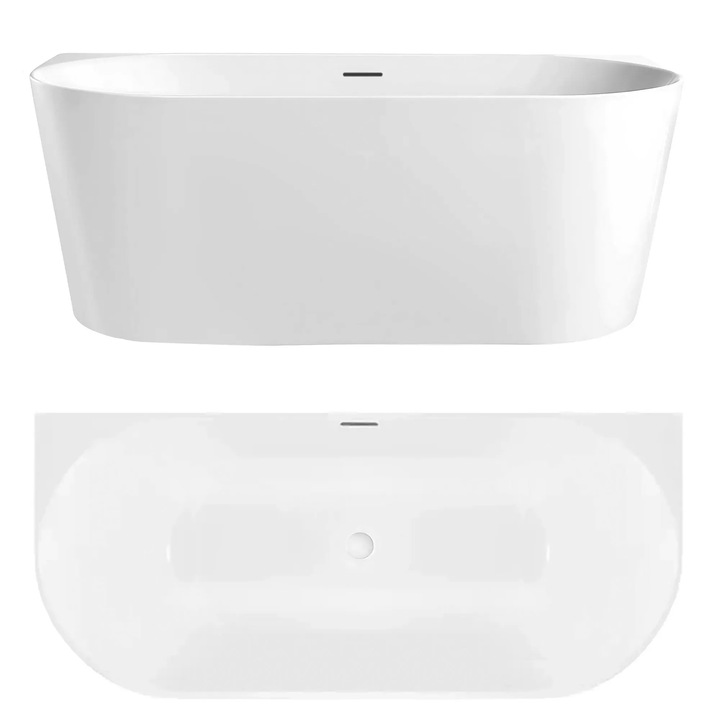 Cada de baie montata pe perete Rea Capri Slim 150cm, Alb, 150x74x58cm, cu sifon si dop click-clack