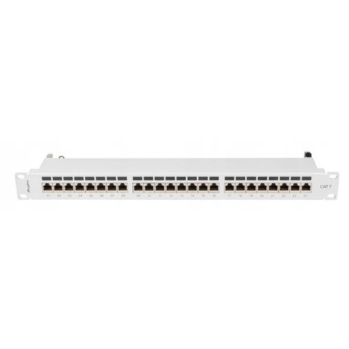 Patch panel, 1U, 19", 24 portos RJ-45, Cat.7, szürke