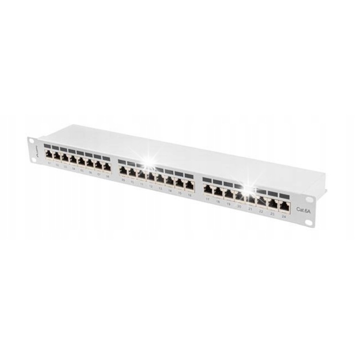 Patch panel 1U 19", 24 port RJ-45 Cat.6A, szürke, kábelrendező készlet