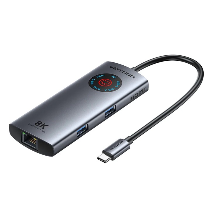 Stație de andocare Vention Docking Station Type-C - TQZHB - 8K, Afișaj LED - HDMI, USB 3.0 x 2, USB-C 3.2 Gen 1, PD100W, LAN (1Gbps)