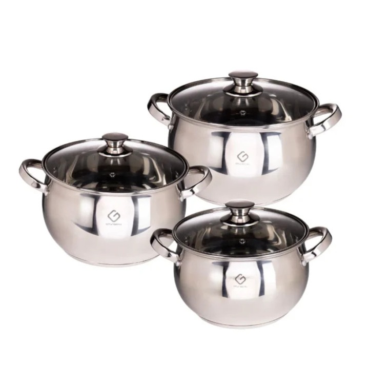 Set oale inox Grunberg GR1057, 6 piese, 4L, 5.5L si 7L, capace sticla termorezistenta
