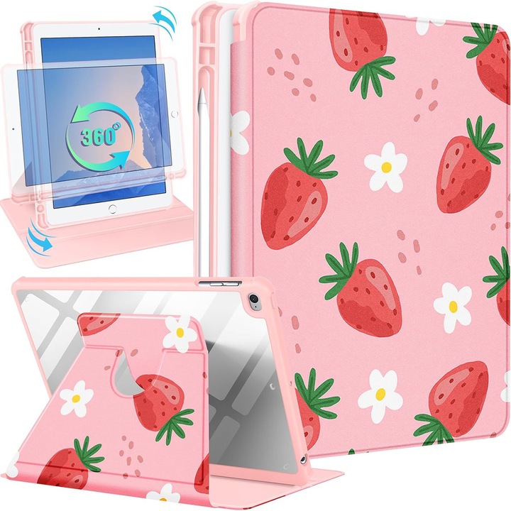 Husa tableta, BOMSTOM, cu suport rotativ, suport pentru creion, roz, 11 inch