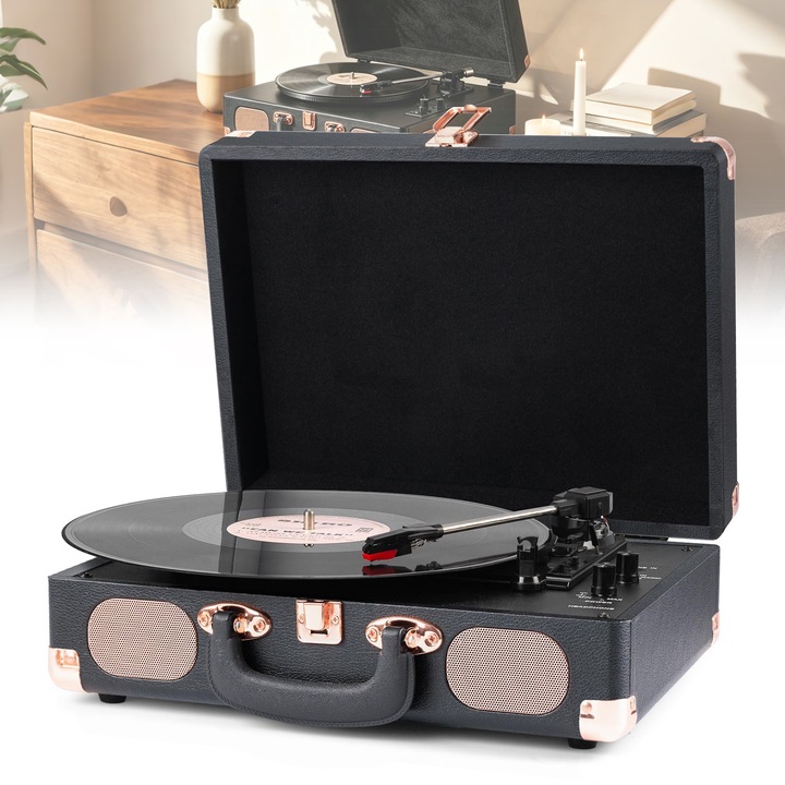 Pick-up stereo，SHIOOE®，Record Player，Design Retro de tip servieta，cu Bluetooth，3 viteze reglabile，33/45/78RPM, Compatibil cu 7/10/12 Inch，Capacitate 2000mAh，Boxe stereo, AUX-IN, iesire RCA，USB Player，Pentru divertisment acasa si decorarea casei