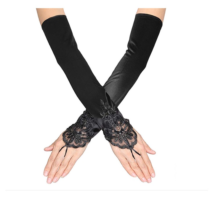 Manusi dama, SUNTRADE, manusi din satin cu dantela, detalii cu paiete, negre, o marime, set 2 bucati