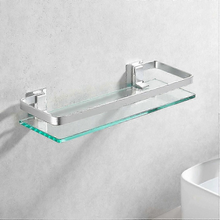 Suport de baie din sticla calita, aluminiu argintiu, gros, montat pe perete, dreptunghiular