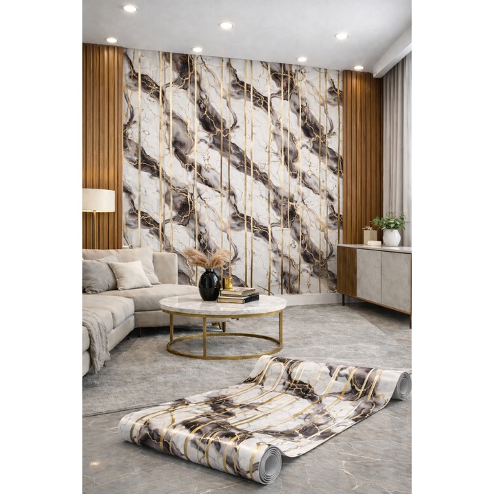 Panou autocolant ALEX DESIGN, Finisaj lucios, Vinil, Impermeabil, Rezistent la căldură, Negru deschis/Auriu, 120x300cm