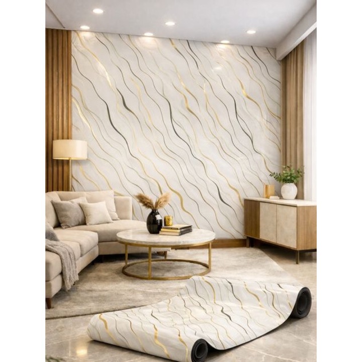 Panou autoadeziv ALEX DESIGN, Finisaj lucios, Vinil, Impermeabil, Rezistent la căldură, Dungi albe, aurii și negre, 120x300cm