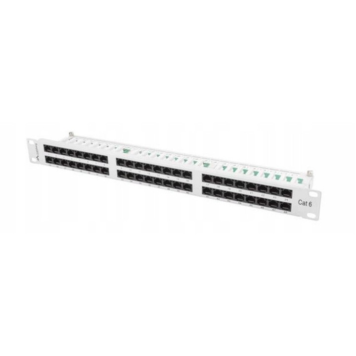 Patch panel, 48 portos RJ-45 Cat.6, 1U, 19", szürke