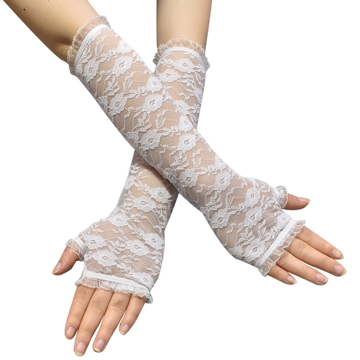 Női kesztyű, SUNTRADE, hosszú ujjatlan csipke, fehér, 44cm