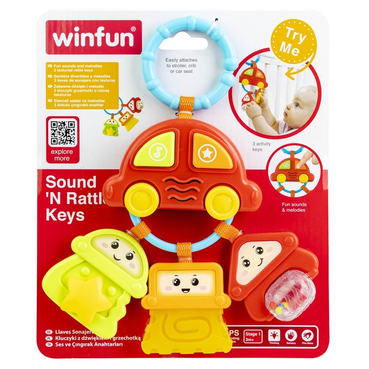 Zenélő autó csörgővel, 3 kulccsal, műanyag, 3-6 hónapos korig