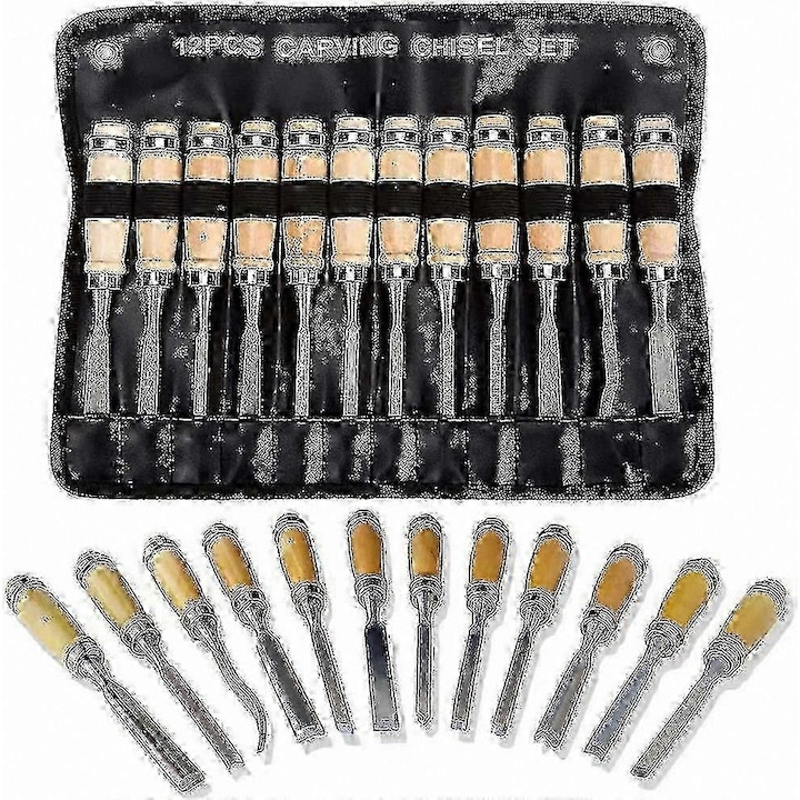 Fa faragó vésőkészlet, 12 darabos, éles szerszámok, tokkal