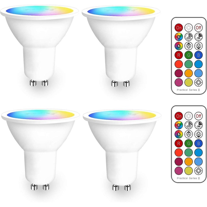Set 4 spoturi LED GU10 RGB, dimabile, cu telecomanda infrarosu, alb cald, 2700K-6500K