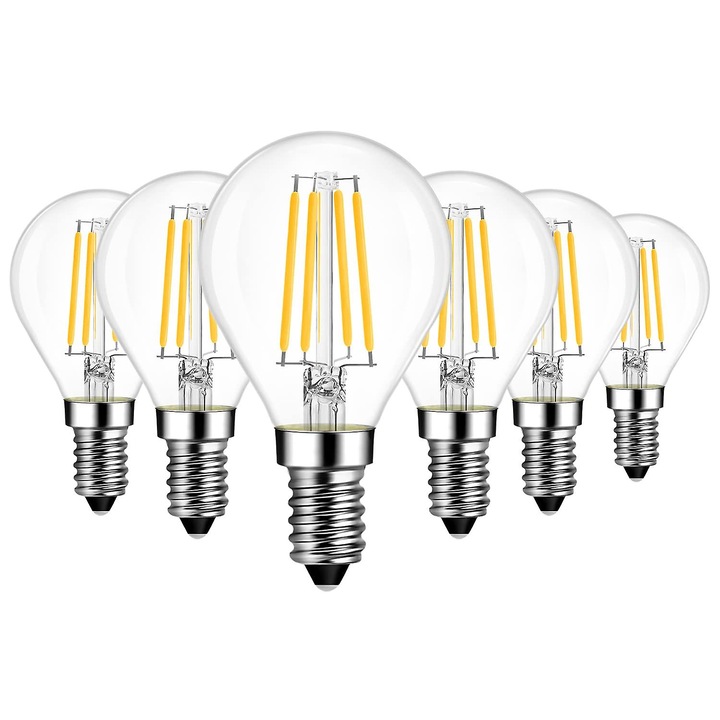 Set de 6 becuri E14 LED, alb cald, filament, stil rustic, ultra luminos