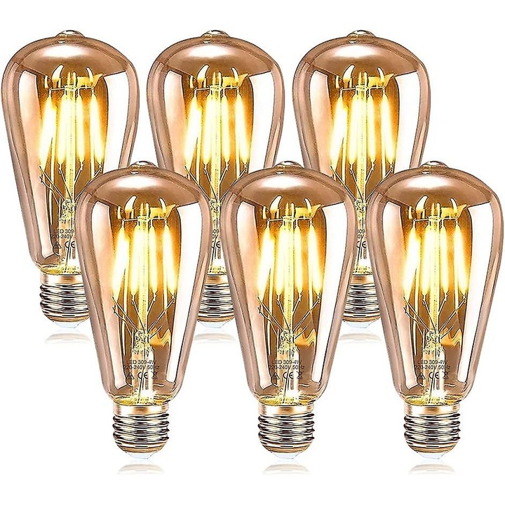 Set 6 becuri E27 LED vintage 4W alb cald, decorativ retro