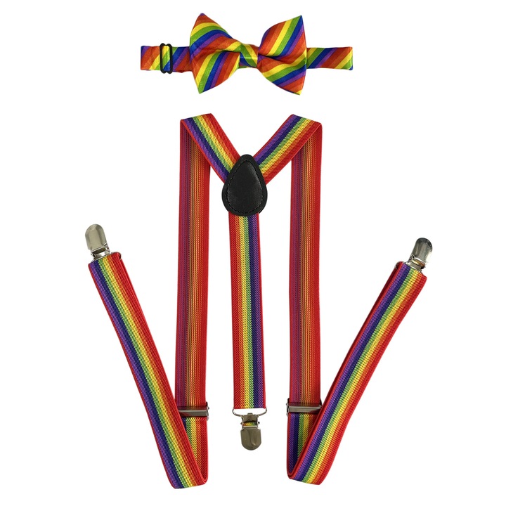 Bretele barbati, SUNTRADE, set cu papion si 3 clipsuri, design Y, multicolor, lungime ajustabila pana la 130cm