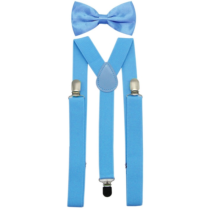 Bretele barbati, SUNTRADE, set cu papion, elastic, albastru deschis, lungime ajustabila 75-130cm