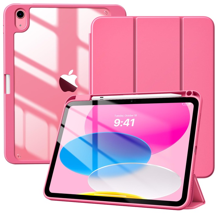 Tabletok tok iPad 11. generációs 11 hüvelykes 2025 és iPad 10. generációs 10.9 hüvelykes 2022 modellekhez, Apple Pencil tartóval, háromrészes kialakítás, átlátszó hátlap, automatikus alvás/ébresztés funkció, ZYciyci®, görögdinnye piros