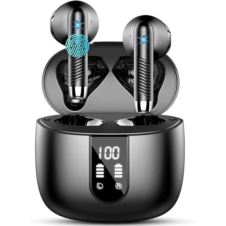 Vezeték nélküli Bluetooth fejhallgató, Bluetooth 5.4, 6D mély basszus, intelligens LED kijelzővel, érintésvezérléssel, zajcsökkentő fejhallgató 56 órás üzemidővel, USB-C, IPX7, fekete