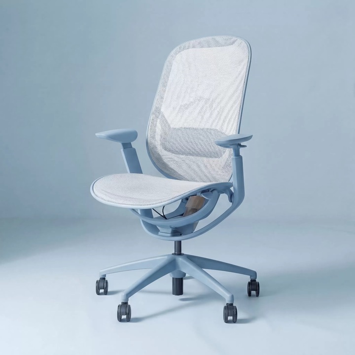 Scaun ergonomic StableDesk FLASH cu Spatar mesh, Ultra Light, Cotiere 2D si Mecanism inspirat din suspensia moto - Sky Blue