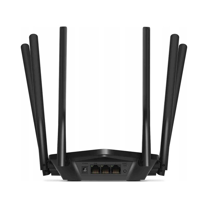 Router wireless Mercusys MR50G AC1900, router Wi-Fi, dual-band 1900 Mbps (1300 Mbps 5 GHz + 600 Mbps 2.4 GHz), porturi Gigabit 1xWAN/2xLAN, MU-MIMO si 6 antene cu Beamforming, negru