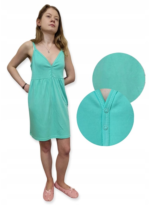 Pijamale dama Dartomik, camasa de noapte bumbac, bretele, verde menta, 100% bumbac, certificat Oeko-tex