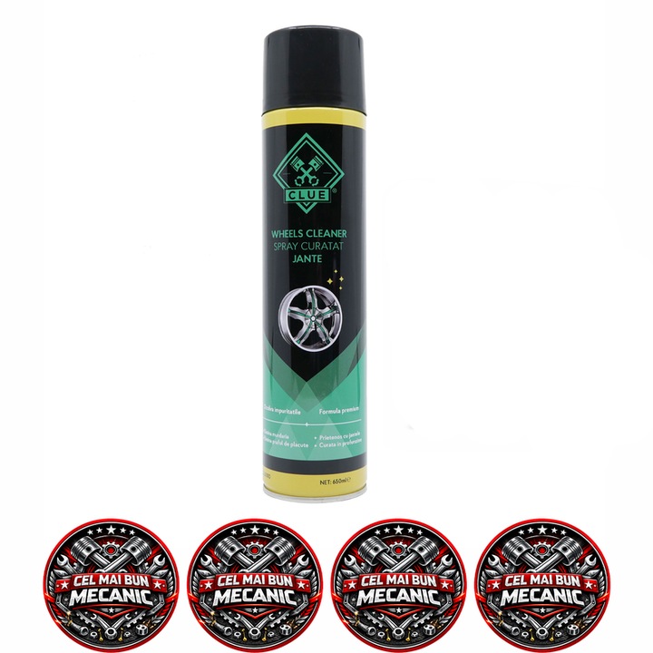 Spray curatare jante auto CLUE, solutie curatare jante aliaj si otel, indeparteaza praful de frana, petele de asfalt si murdaria, 650 ml, 4x Stickere