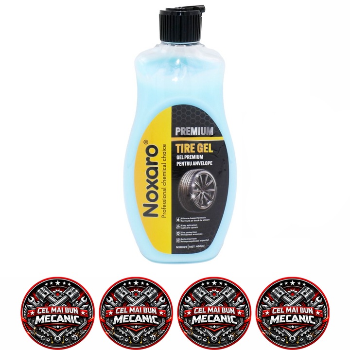Gel premium anvelope NOXARO, negru intens si luciu de lunga durata, protectie anvelope, 473 ml, 4x Stickere