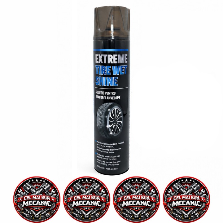 Spray innegrit anvelope NOXARO Extreme Tire Wet Shine, luciu intens si protectie, formula pe baza de silicon, efect wet look, 650 ml, 4x Stickere