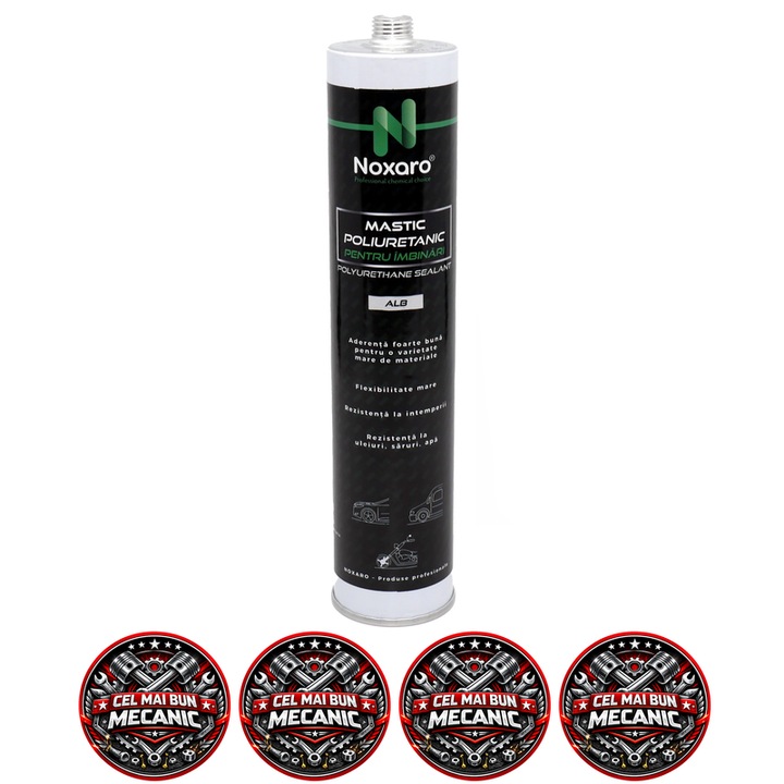Mastic poliuretanic pentru imbinari NOXARO, etansant auto pentru caroserie si imbinari metalice, aderenta ridicata, rezistent la apa si intemperii, Alb, 310 ml, 4x Stickere