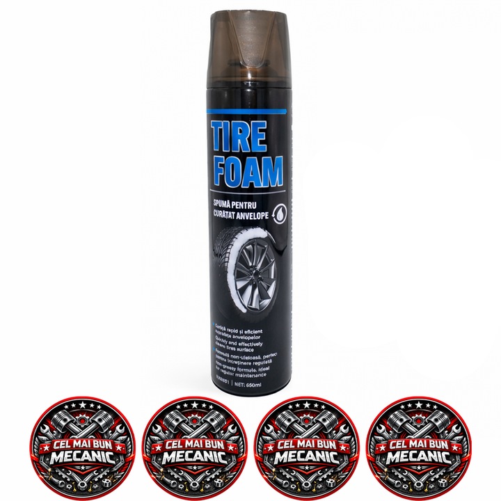Spray curatat anvelope cu spuma activa NOXARO Tire Foam, formula pe baza de apa, fara silicon, formula non-uleioasa, curatare rapida anvelope, 650 ml, 4x Stickere